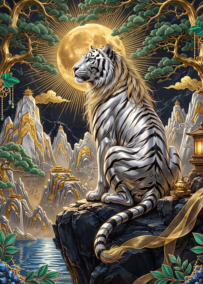 Majestic White Tiger in Asian Landscape