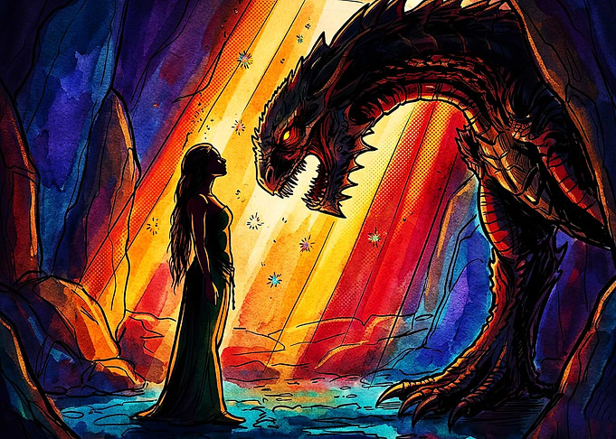 Dragon Maiden Cave Watercolor Art