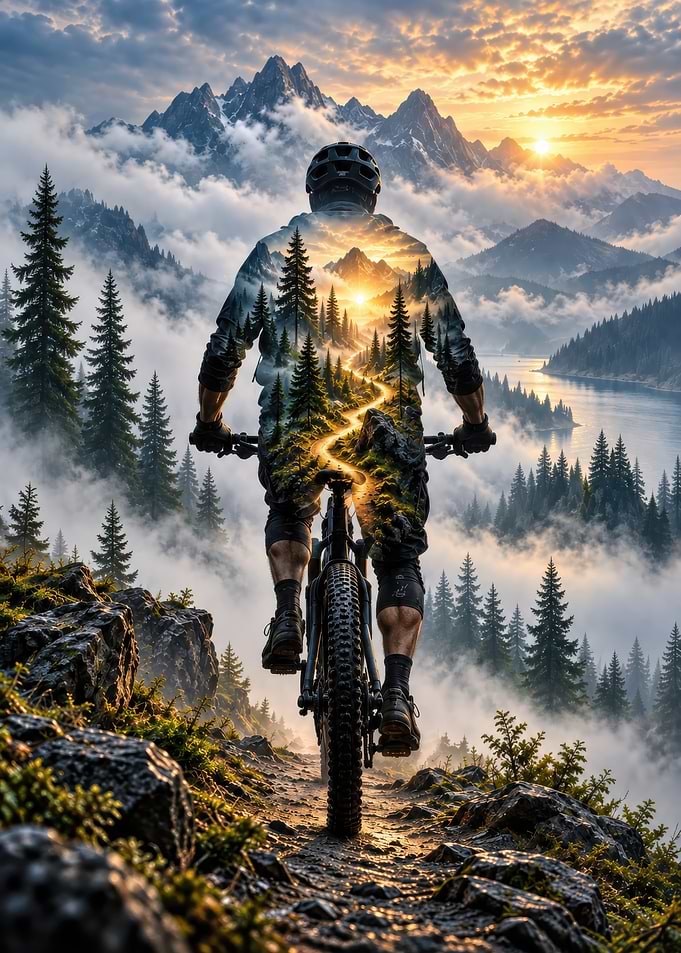 Mountain Biker with Double Exposure Landscape