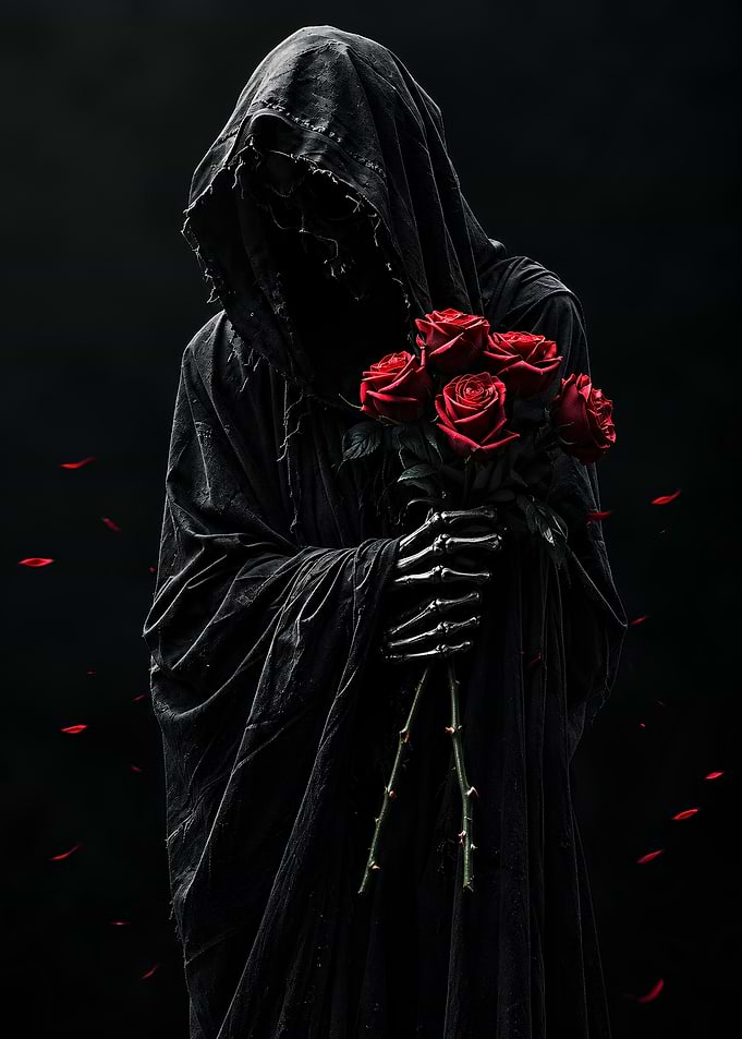 Grim Reaper Holding Red Roses