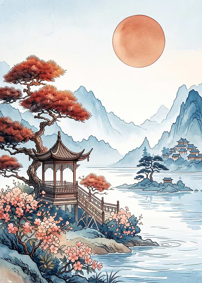 Japanese Pagoda Red Moon Watercolor