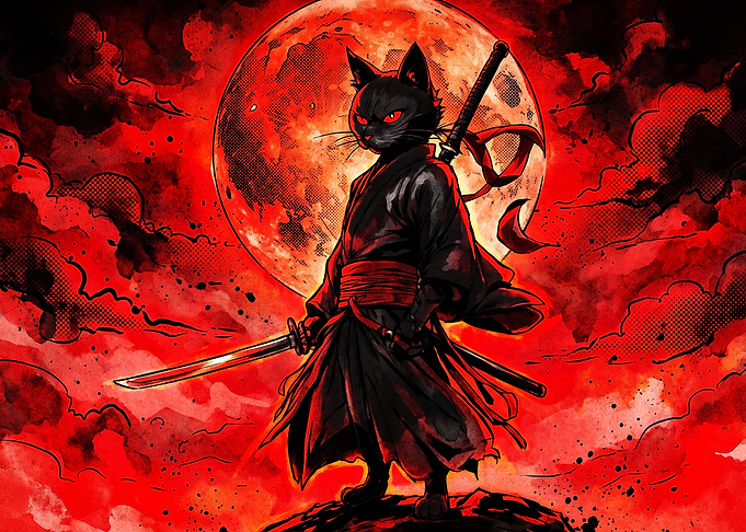 Cat Samurai Red Moon Anime Art