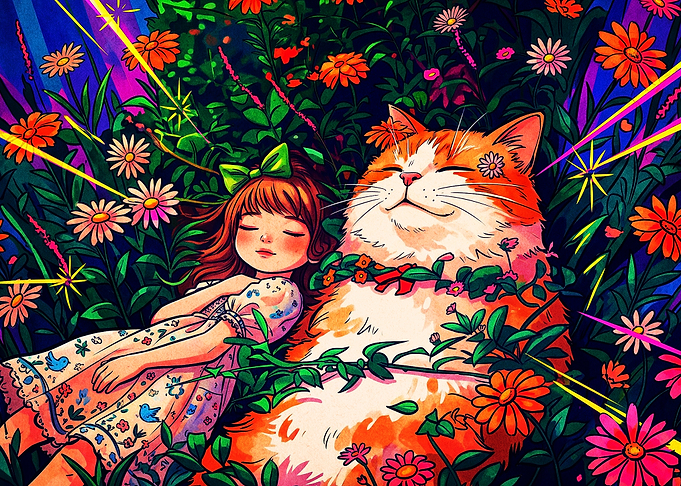 Cat and Girl Garden Psychedelic Art