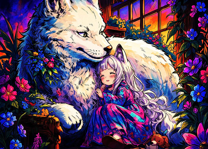 Wolf Girl Neon Fantasy Anime Art
