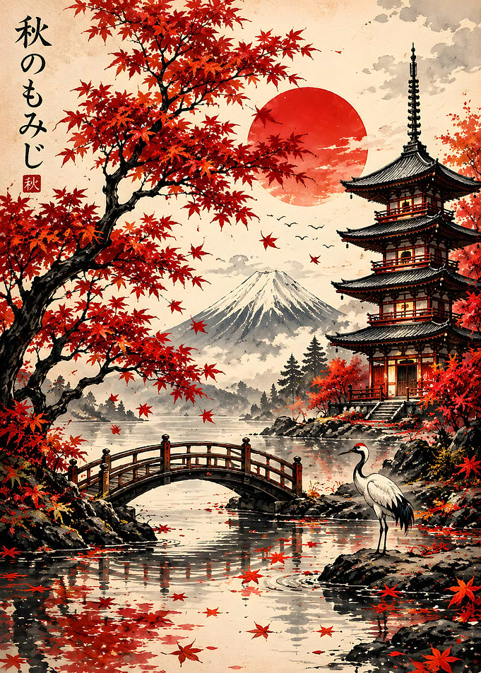 Autumn Japanese Landscape with Pagoda