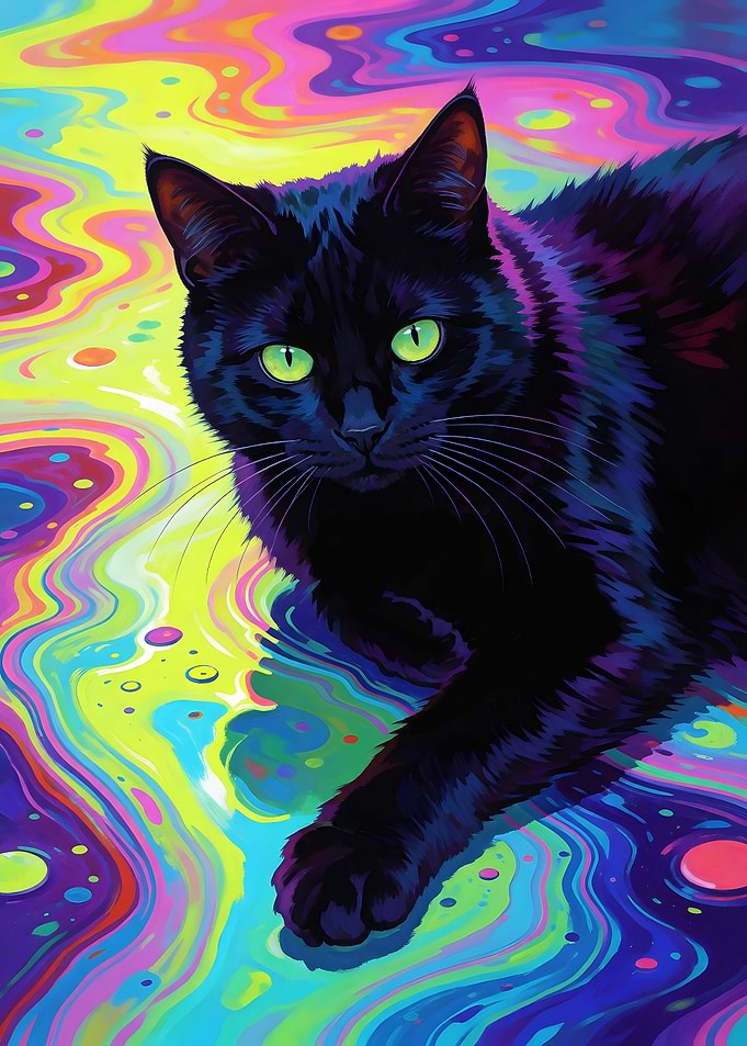 Black Cat on Colorful Liquid Paint