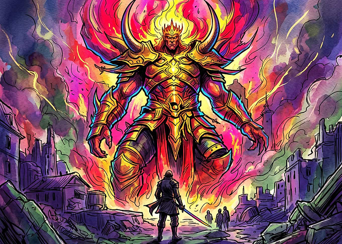 Warrior Facing a Giant Fire Demon