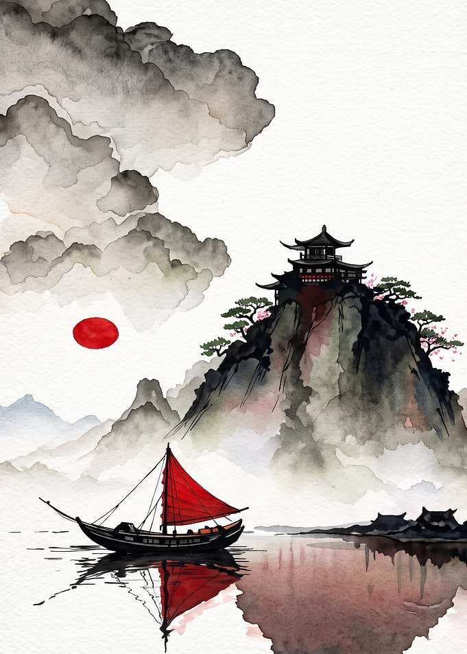 Japanese Pagoda Red Sail Art Poster