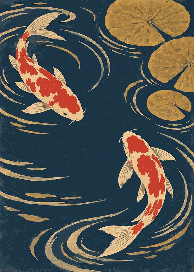 Crimson Currents: Koi in the Indigo Pond