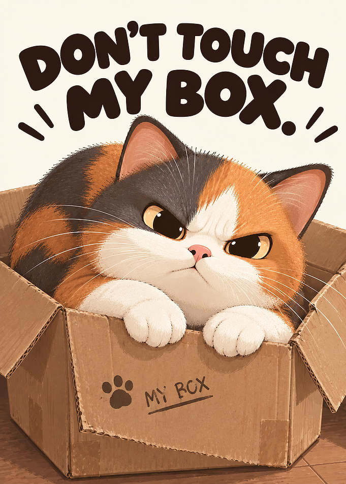 Grumpy Calico Cat in Box