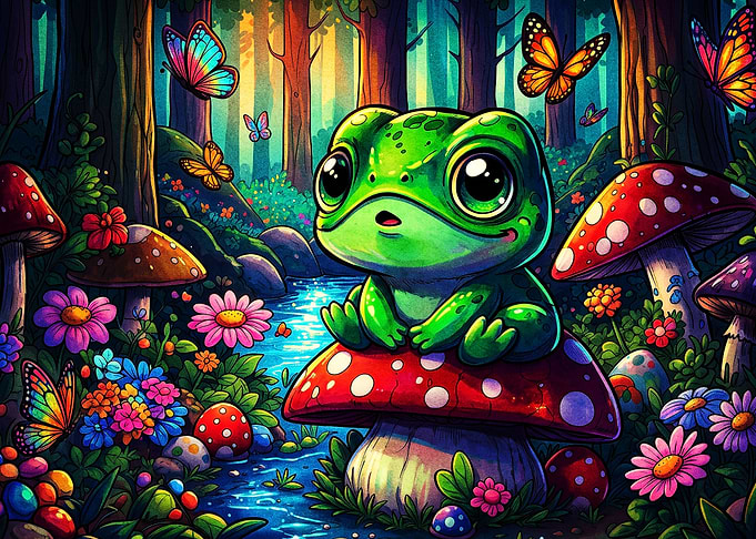 Cute Frog Mushroom Forest Fantasy A