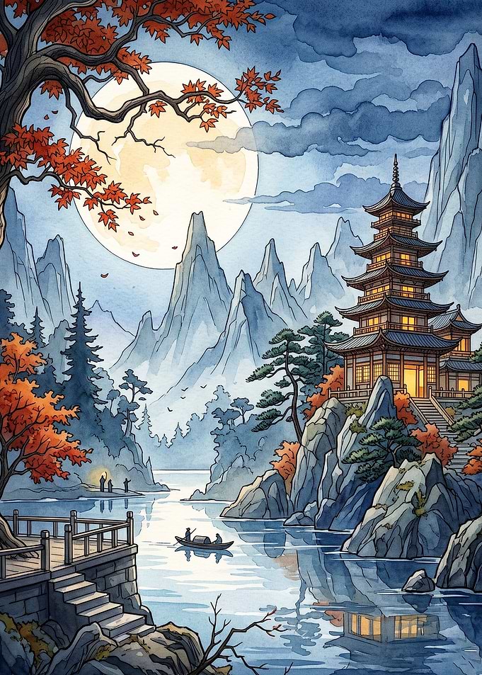 Japanese Pagoda Moon Watercolor Art