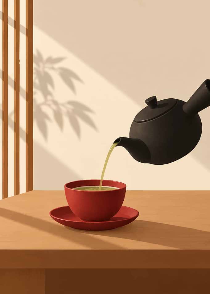 Pouring Green Tea in Minimalist Setting