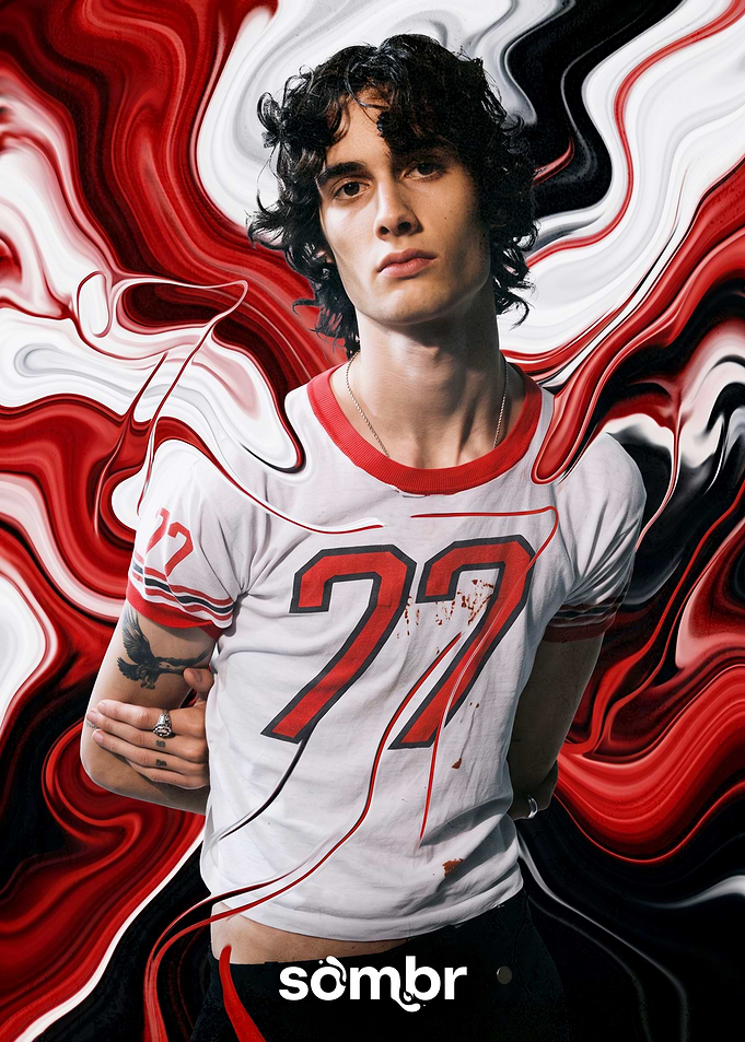 Sombr in vintage sports jersey