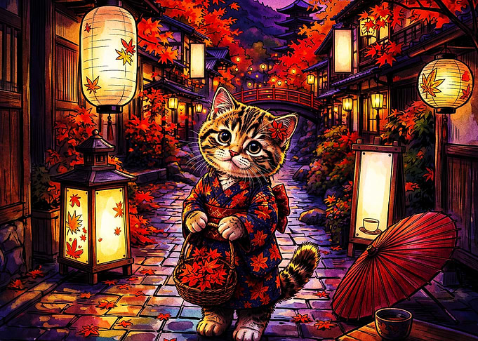 Japanese Cat Kimono Autumn Lantern