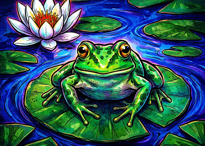 Frog Lotus Pond Colorful Art Poster