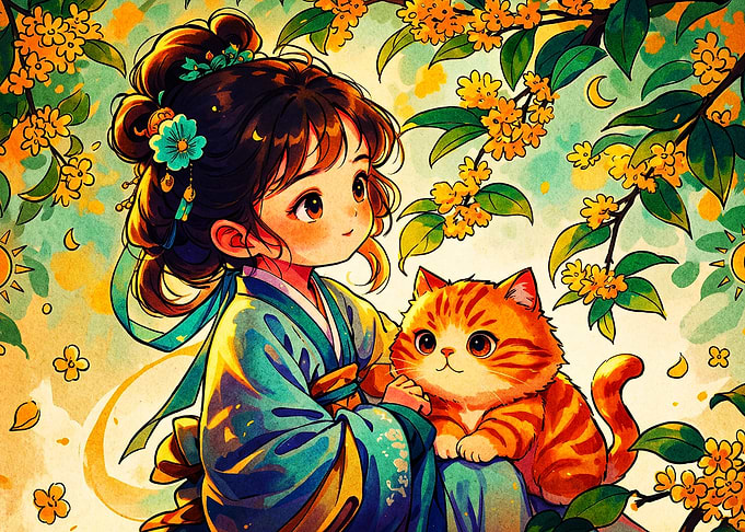 Anime Girl Cat Floral Watercolor Ar