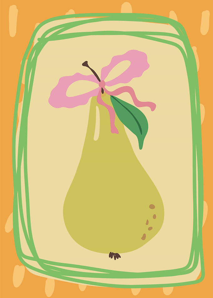 Cute Illustrated Pear with Pink Bow