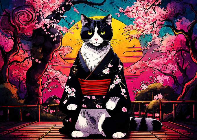Samurai Cat Kimono Cherry Art