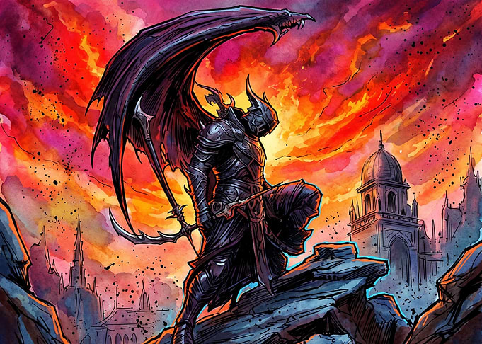 Dark Knight in Fiery Fantasy Landscape