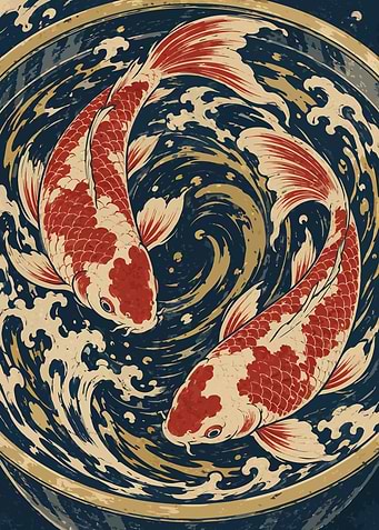 Two Japanese Koi in a Golden Whirlpool