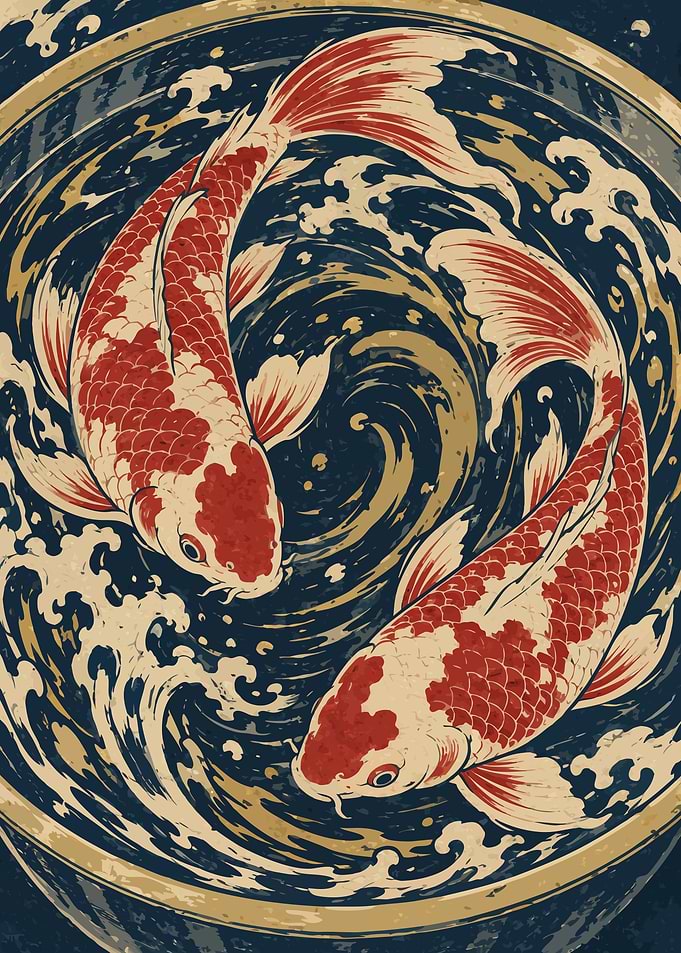 Two Japanese Koi in a Golden Whirlpool