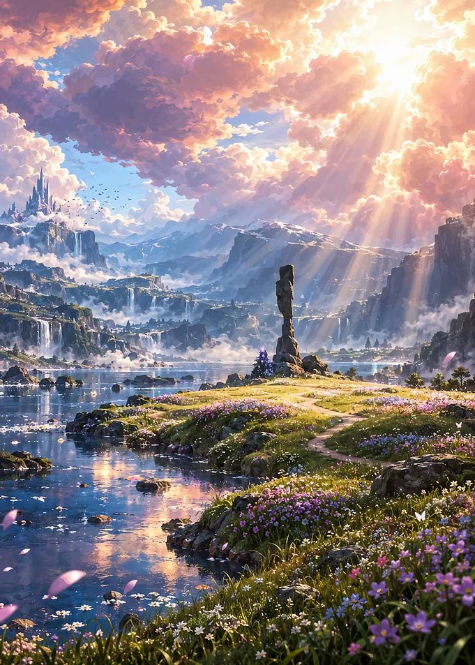 Ethereal Fantasy Landscape with Sunlit Mountains