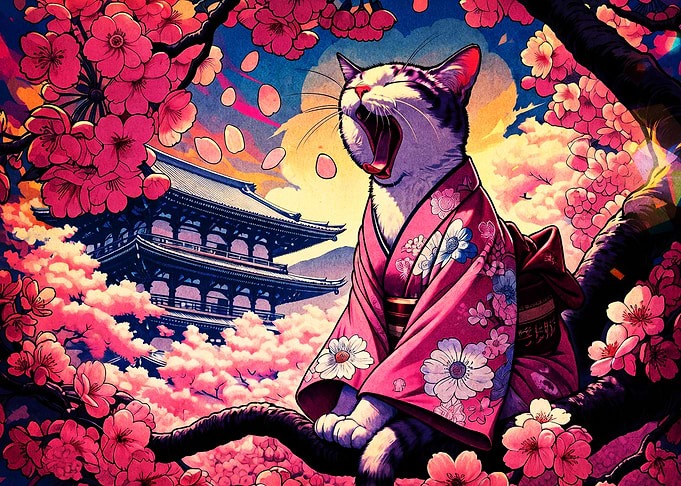 Yawning Cat Kimono Cherry Blossom A