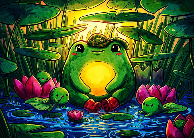 Cute Frog Pond Lily Pad Art Poster