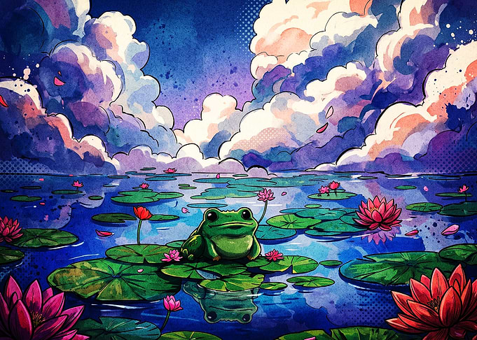 Frog Lotus Pond Watercolor Art