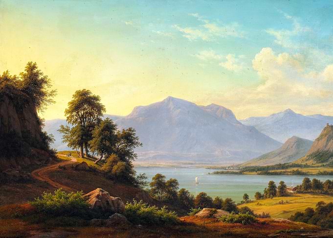 Alpine Landscape with River and High Mountains Painting