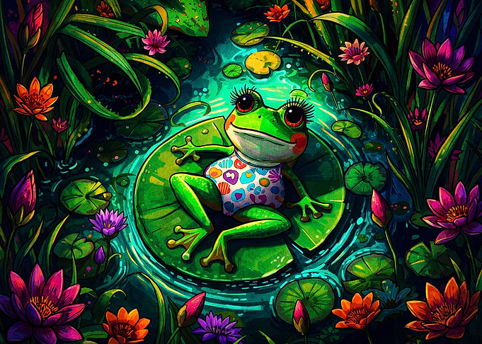 Frog Pond Lotus Flower Cute Art