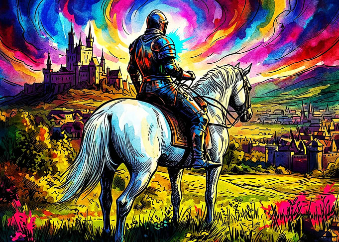 Knight Horse Castle Watercolor Art