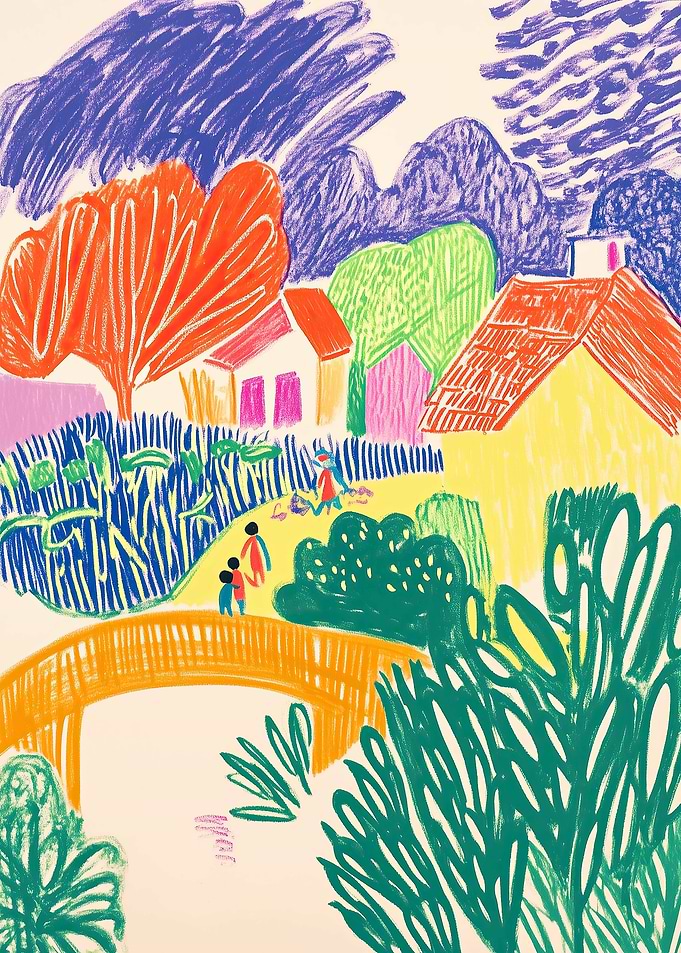 Vibrant Colorful Village Landscape Drawing