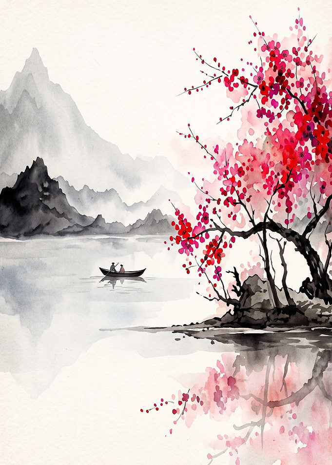 Cherry Blossom Mountain Lake Waterc