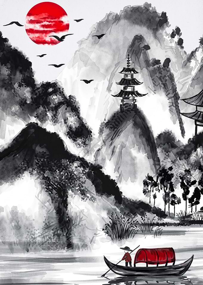Japanese Pagoda Red Sun Ink Poster