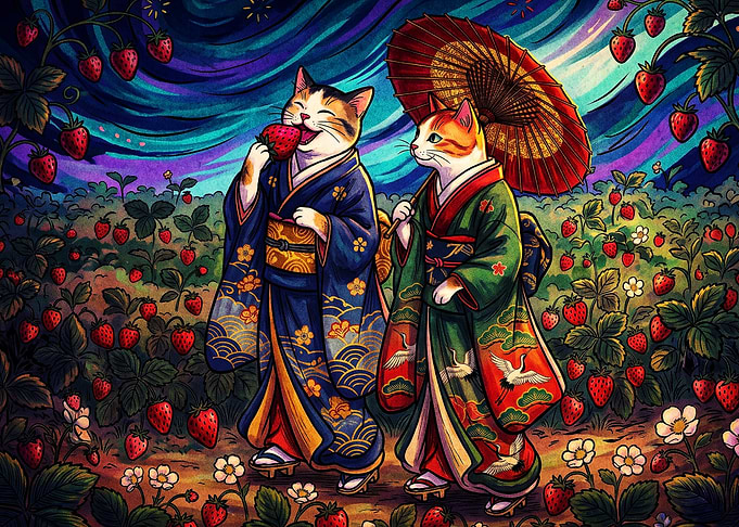 Japanese Cats Strawberry Kimono Art