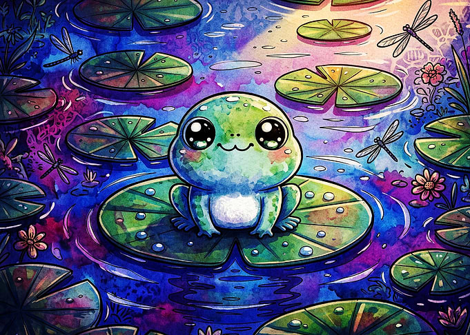 Cute Frog Lily Pad Watercolor Art