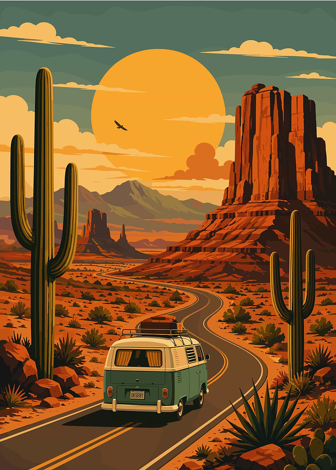 Vintage Van Road Trip Desert Landscape
