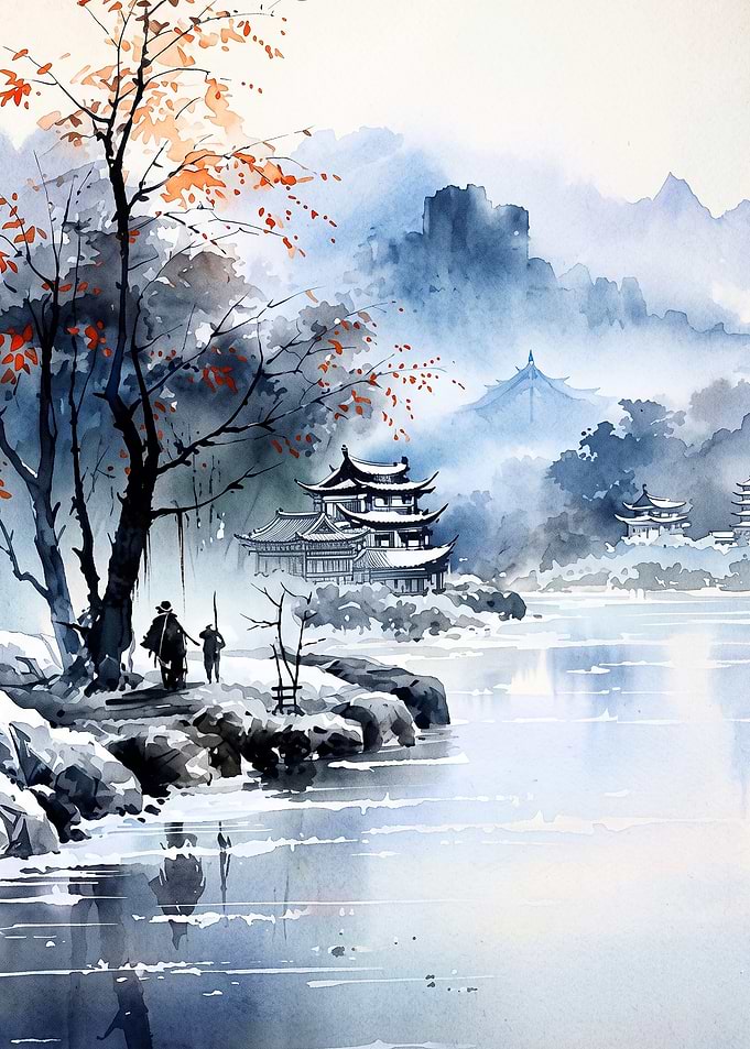 Asian Landscape Pagoda Watercolor A