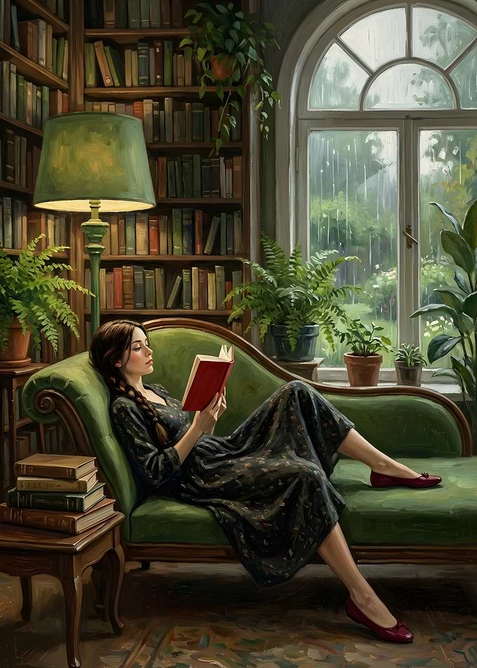 Woman Reading on Green Sofa