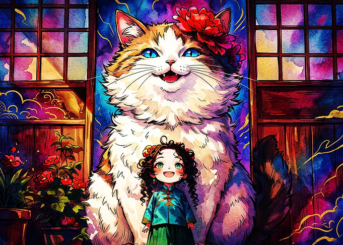 Giant Cat Girl Anime Watercolor Art