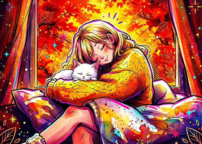 Girl Cat Autumn Cozy Anime Art