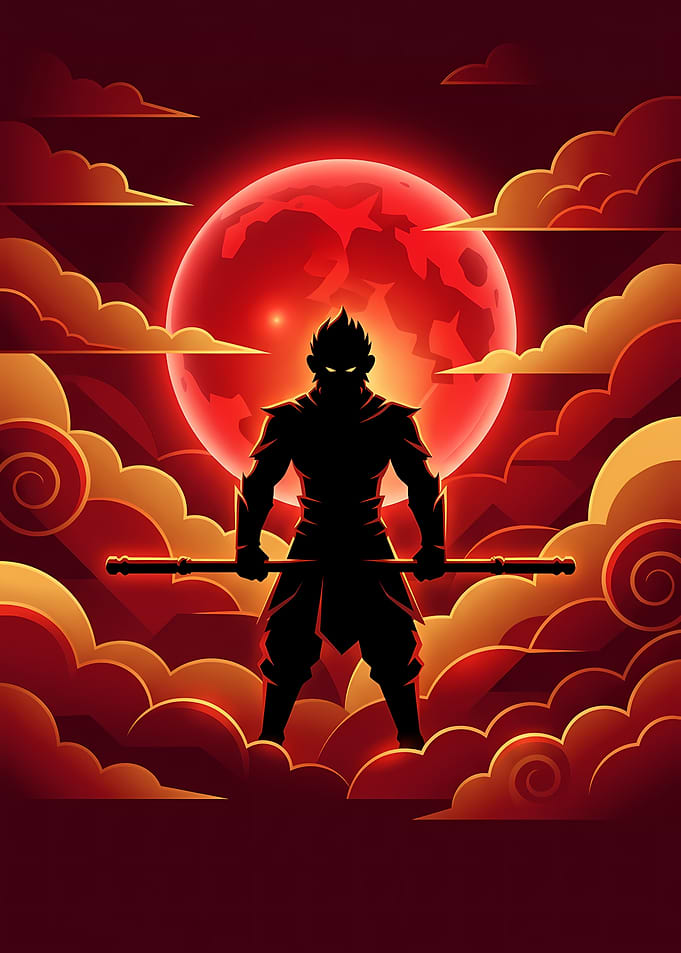 Sun Wukong Silhouette Under Red Moon