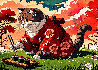 Samurai Cat Sushi Japanese Art Post