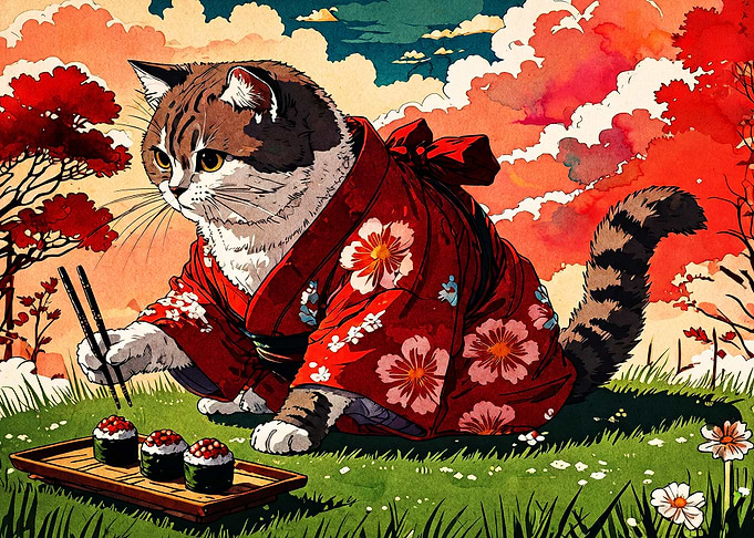 Samurai Cat Sushi Japanese Art Post