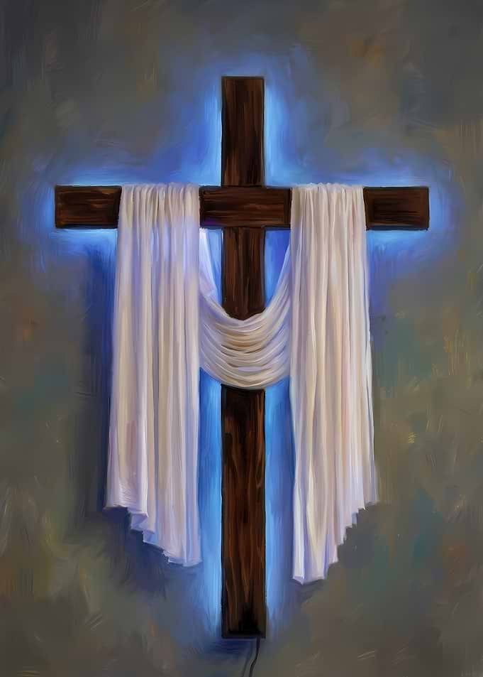 Wooden Cross with White Draped Cloth