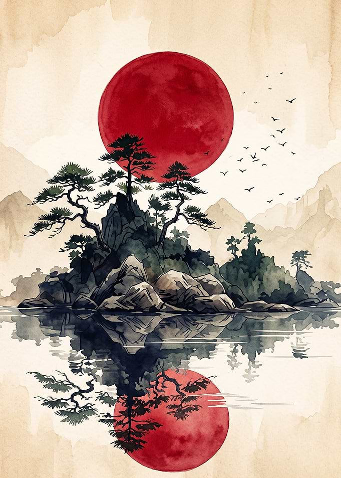 Japanese Island Red Sun Watercolor