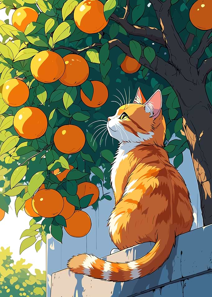 Orange Tabby Cat Under Citrus Tree