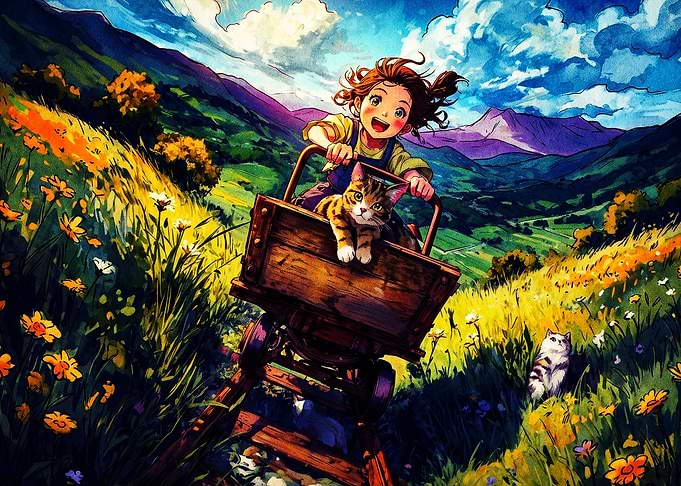 Anime Girl Cat Cart Fantasy Art